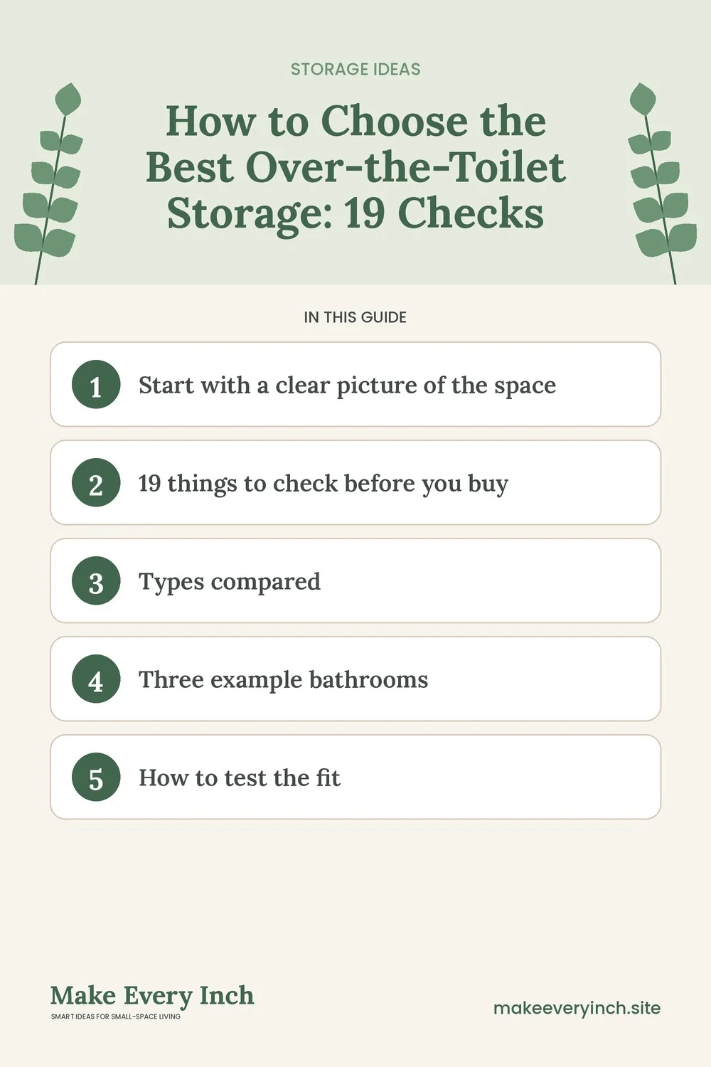 Pinterest pin listing the main topics in: How to Choose the Best Over-the-Toilet Storage