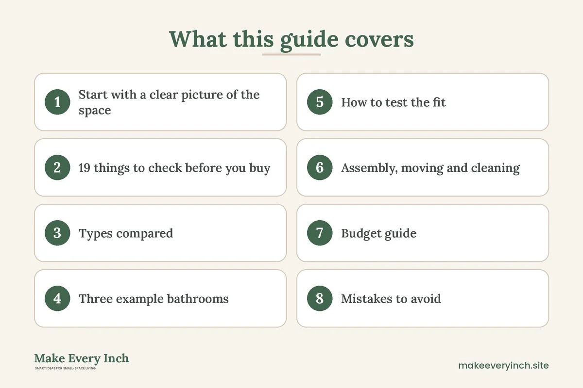 Graphic listing 8 topics covered in: How to Choose the Best Over-the-Toilet Storage