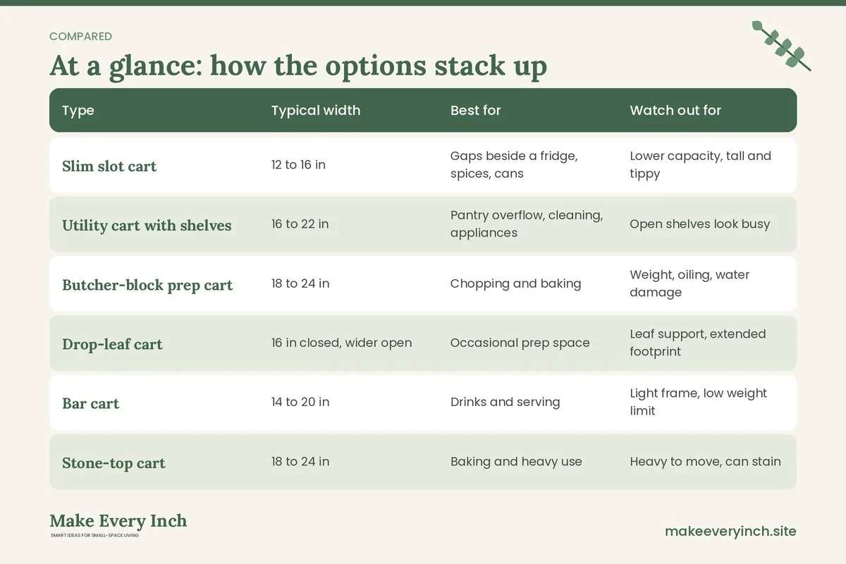 Comparison table of options for: How to Choose the Best Rolling Kitchen Carts (Type, Typical width, Best for, Watch out for)
