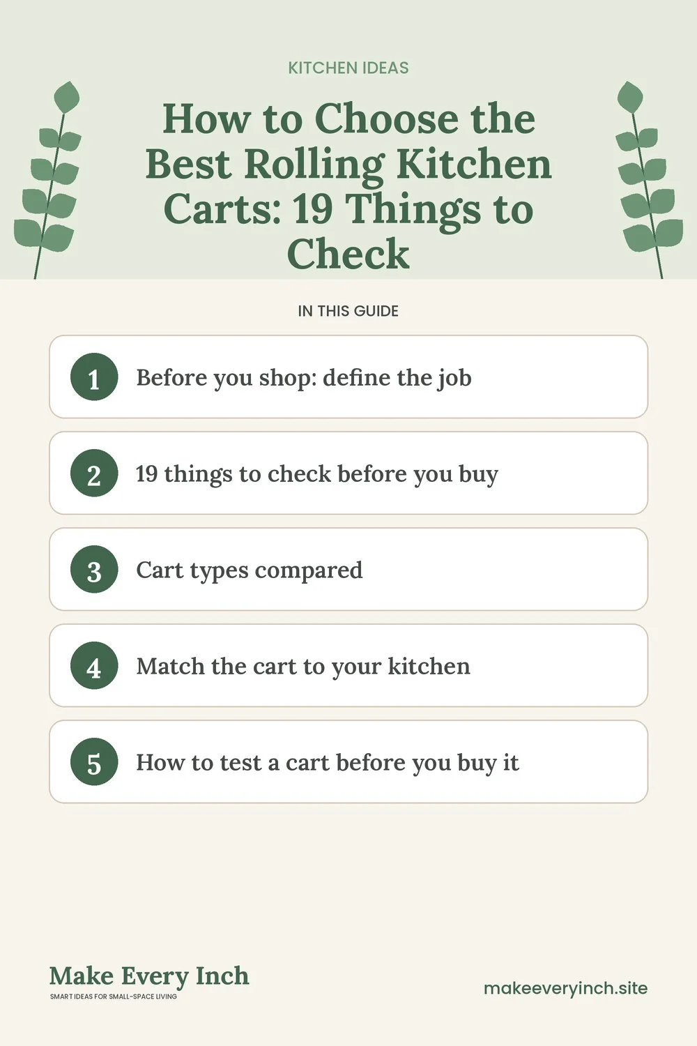 Pinterest pin listing the main topics in: How to Choose the Best Rolling Kitchen Carts