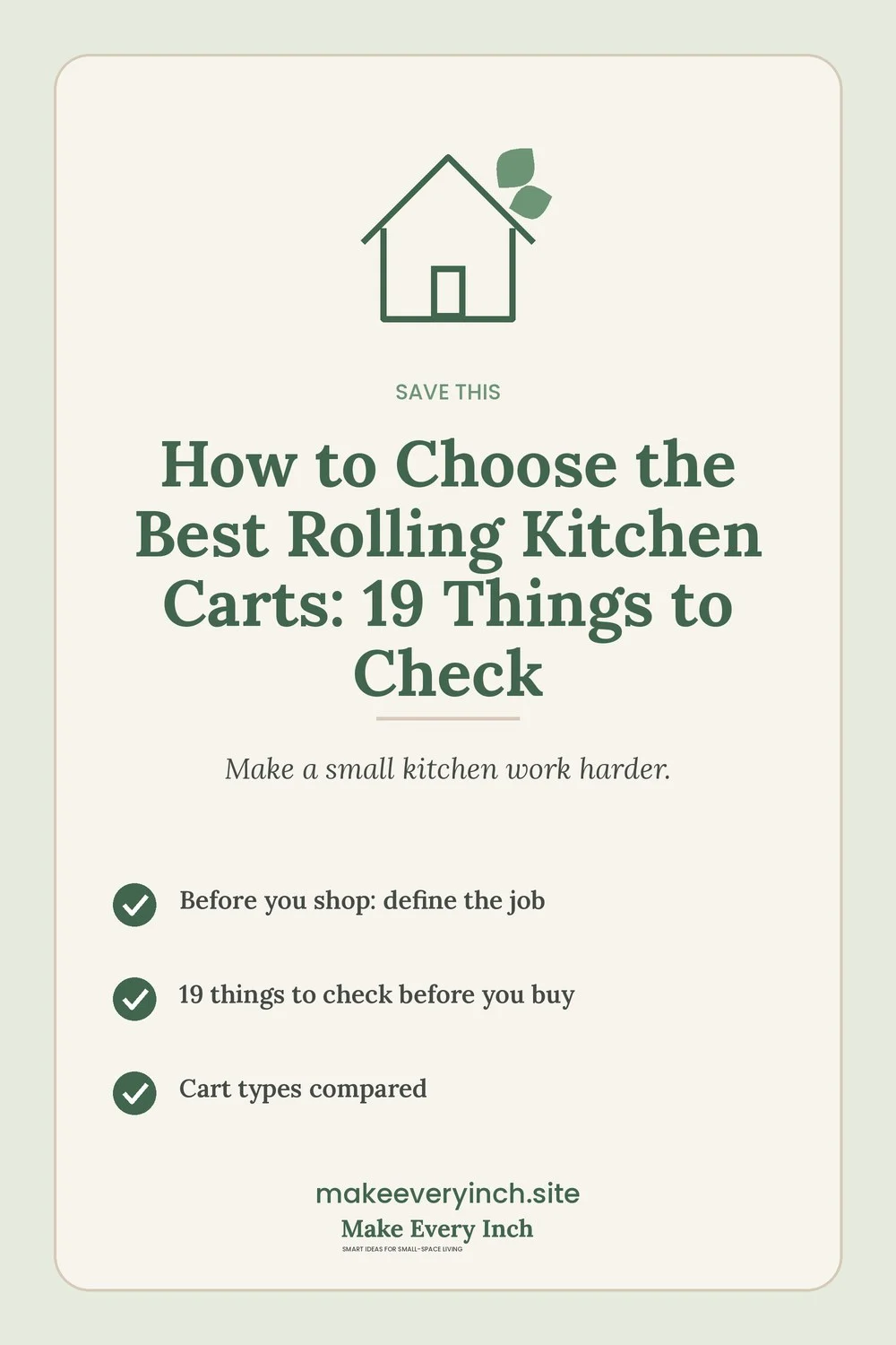 Save-this Pinterest pin with a short checklist for: How to Choose the Best Rolling Kitchen Carts