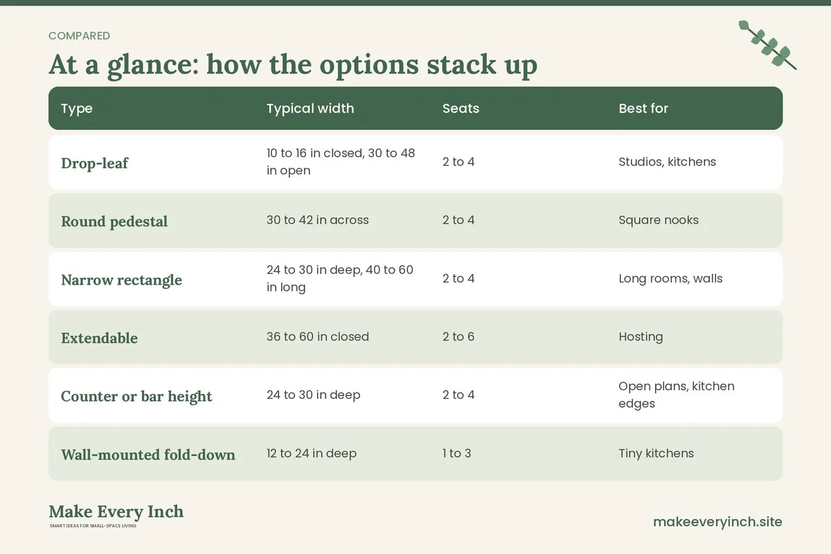 Comparison table of options for: How to Choose the Best Small Dining Tables (Type, Typical width, Seats, Best for)