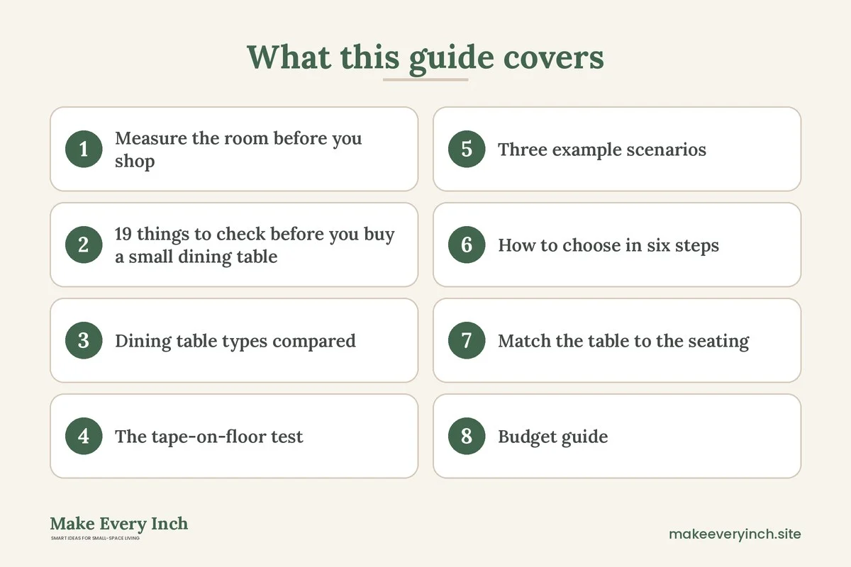 Graphic listing 8 topics covered in: How to Choose the Best Small Dining Tables