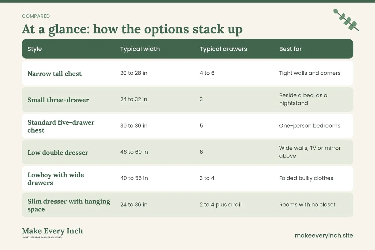 Comparison table of options for: How to Choose the Best Small Dressers (Style, Typical width, Typical drawers, Best for)