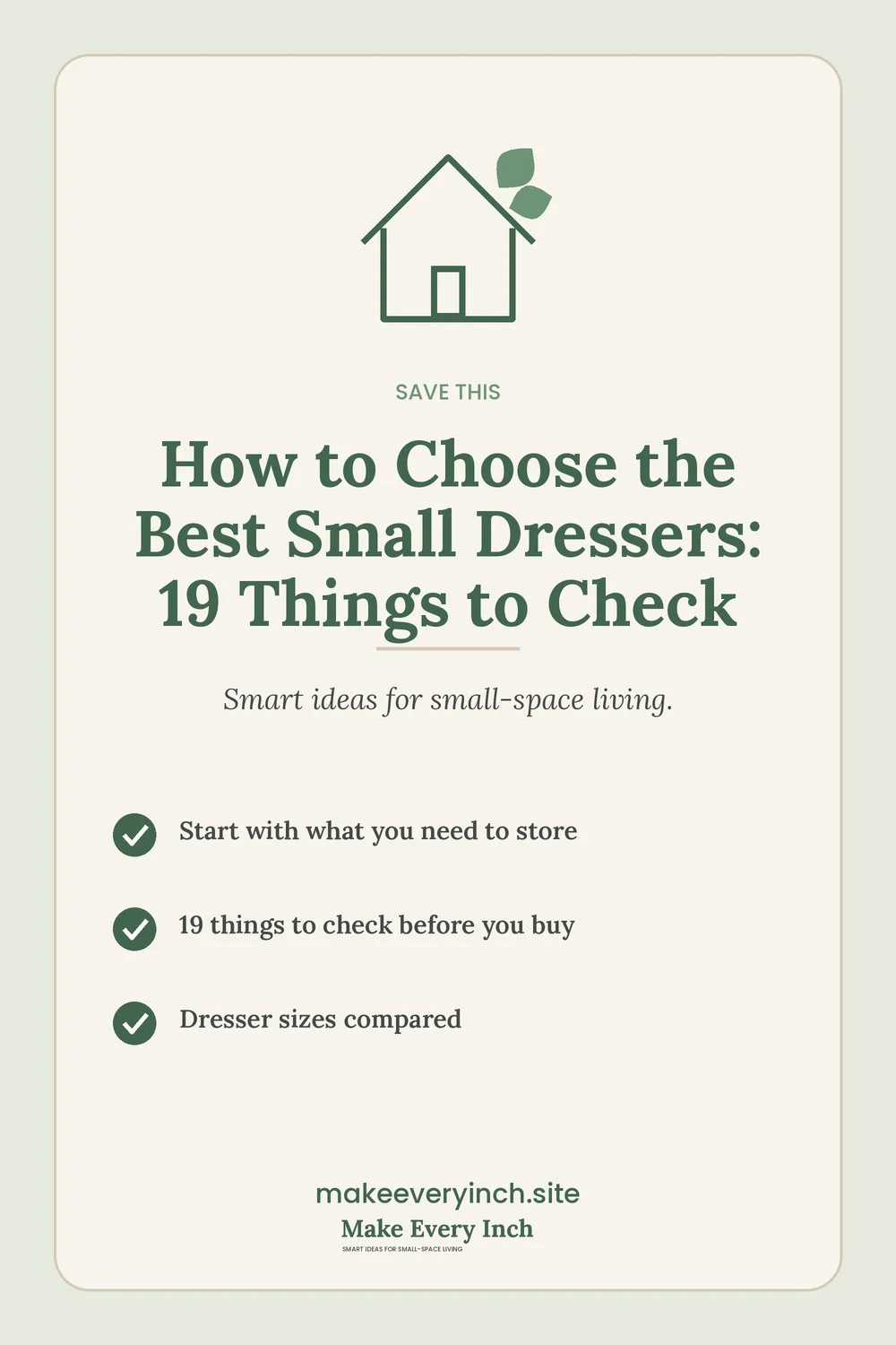 Save-this Pinterest pin with a short checklist for: How to Choose the Best Small Dressers