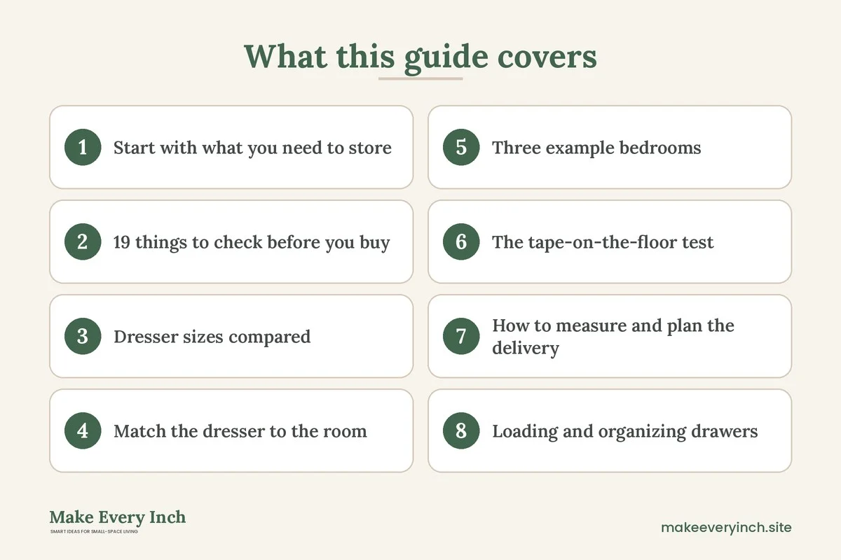 Graphic listing 8 topics covered in: How to Choose the Best Small Dressers