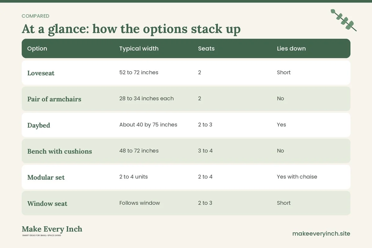 Comparison table of options for: Best Sofa Alternatives for Small Living Rooms (Option, Typical width, Seats, Lies down)