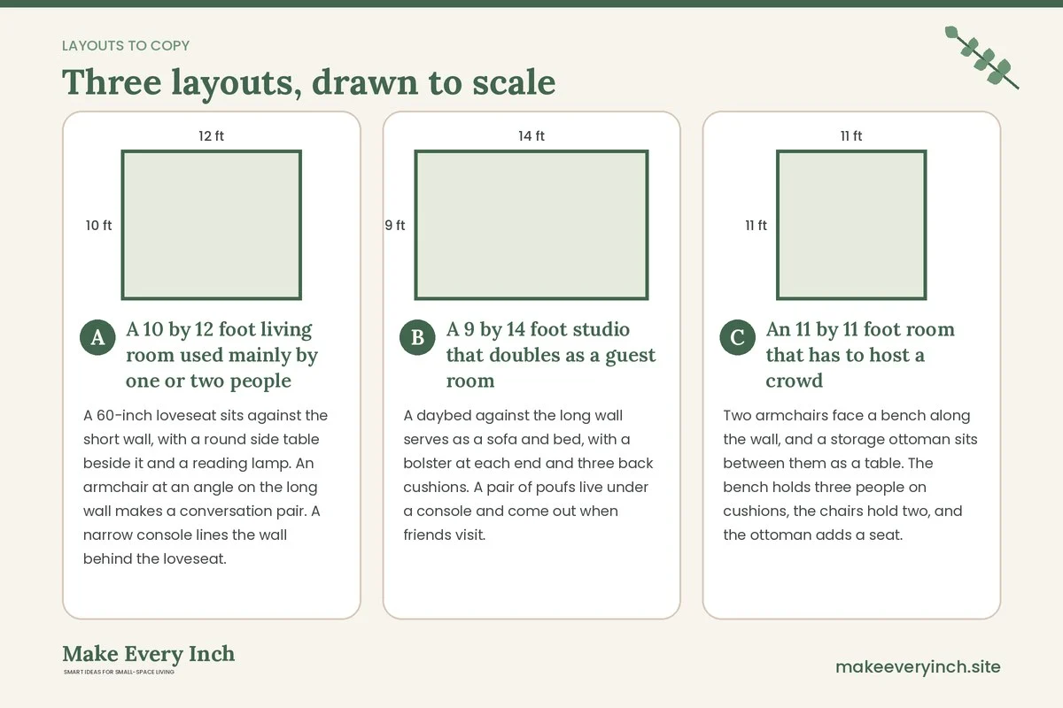 Three room layouts drawn to scale with dimensions and placement notes for: Best Sofa Alternatives for Small Living Rooms