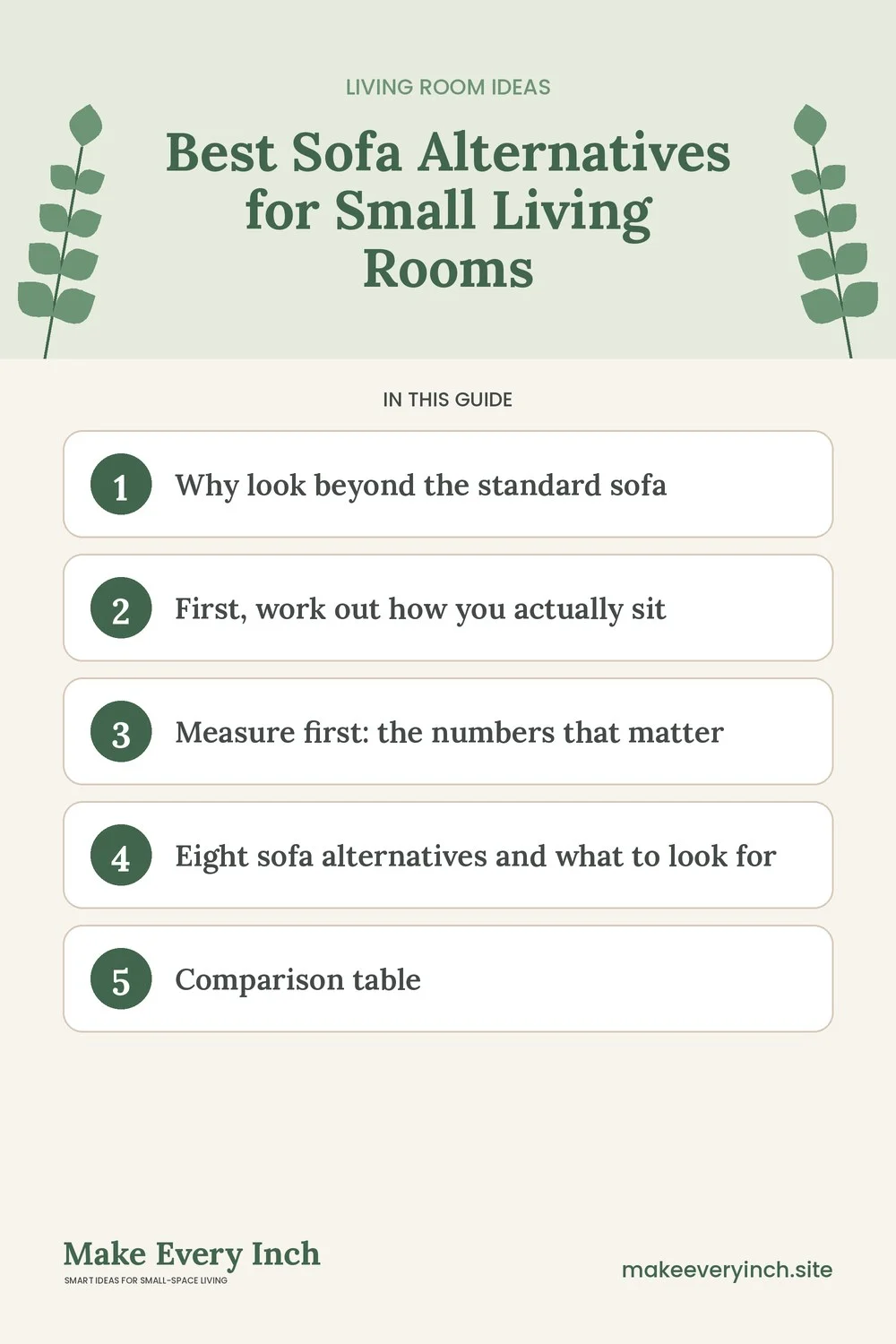 Pinterest pin listing the main topics in: Best Sofa Alternatives for Small Living Rooms