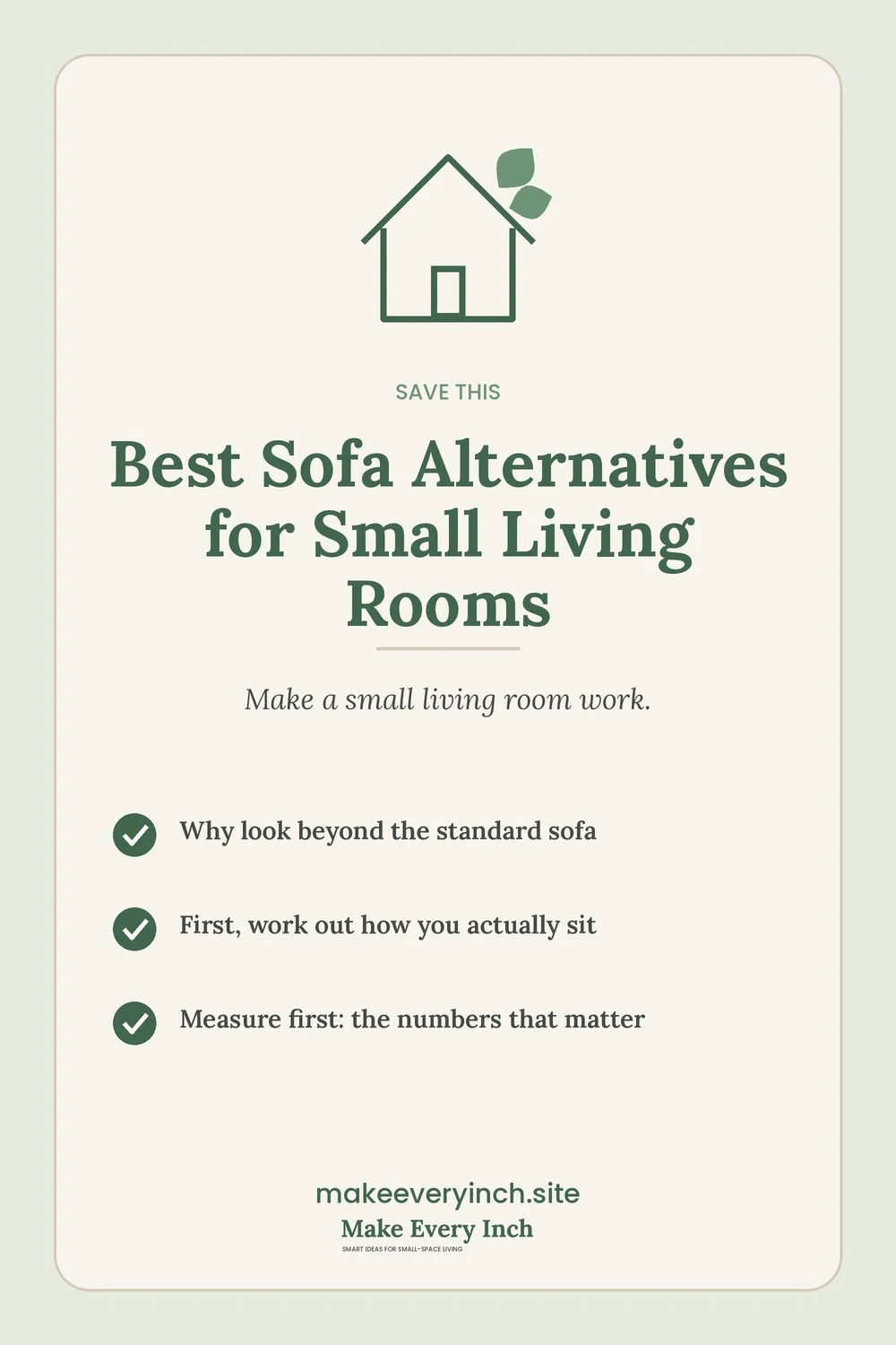 Save-this Pinterest pin with a short checklist for: Best Sofa Alternatives for Small Living Rooms