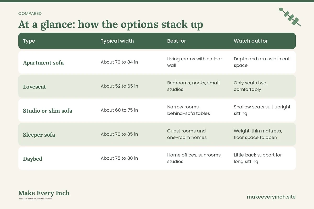 Comparison table of options for: How to Choose the Best Sofas for Small Apartments (Type, Typical width, Best for, Watch out for)