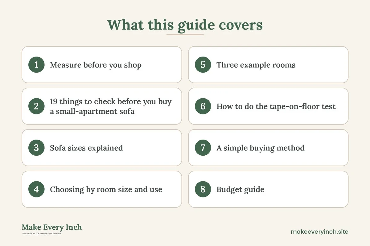 Graphic listing 8 topics covered in: How to Choose the Best Sofas for Small Apartments
