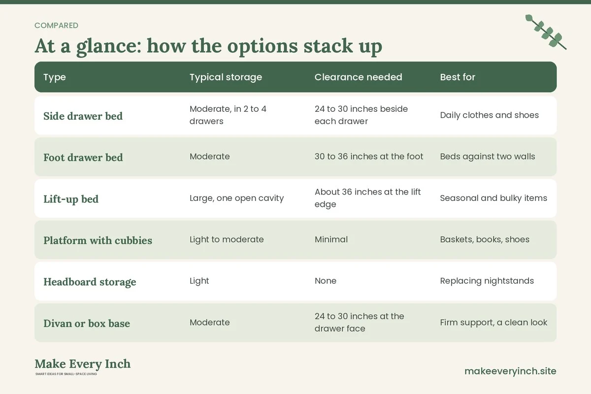 Comparison table of options for: Best Storage Beds for Small Bedrooms (Type, Typical storage, Clearance needed, Best for)