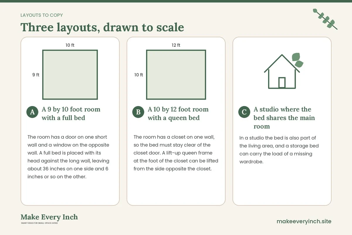 Three room layouts drawn to scale with dimensions and placement notes for: Best Storage Beds for Small Bedrooms