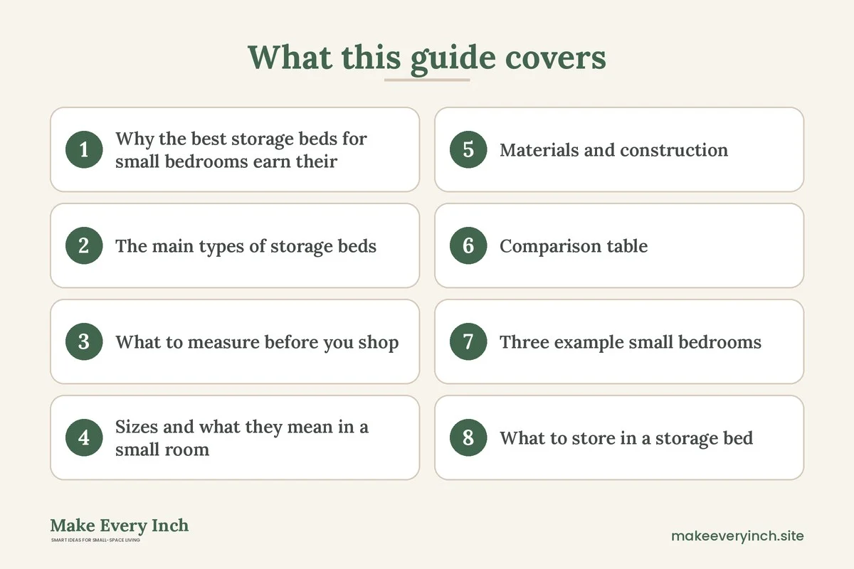 Graphic listing 8 topics covered in: Best Storage Beds for Small Bedrooms