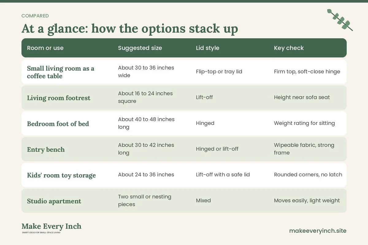 Comparison table of options for: How to Choose the Best Storage Ottomans (Room or use, Suggested size, Lid style, Key check)