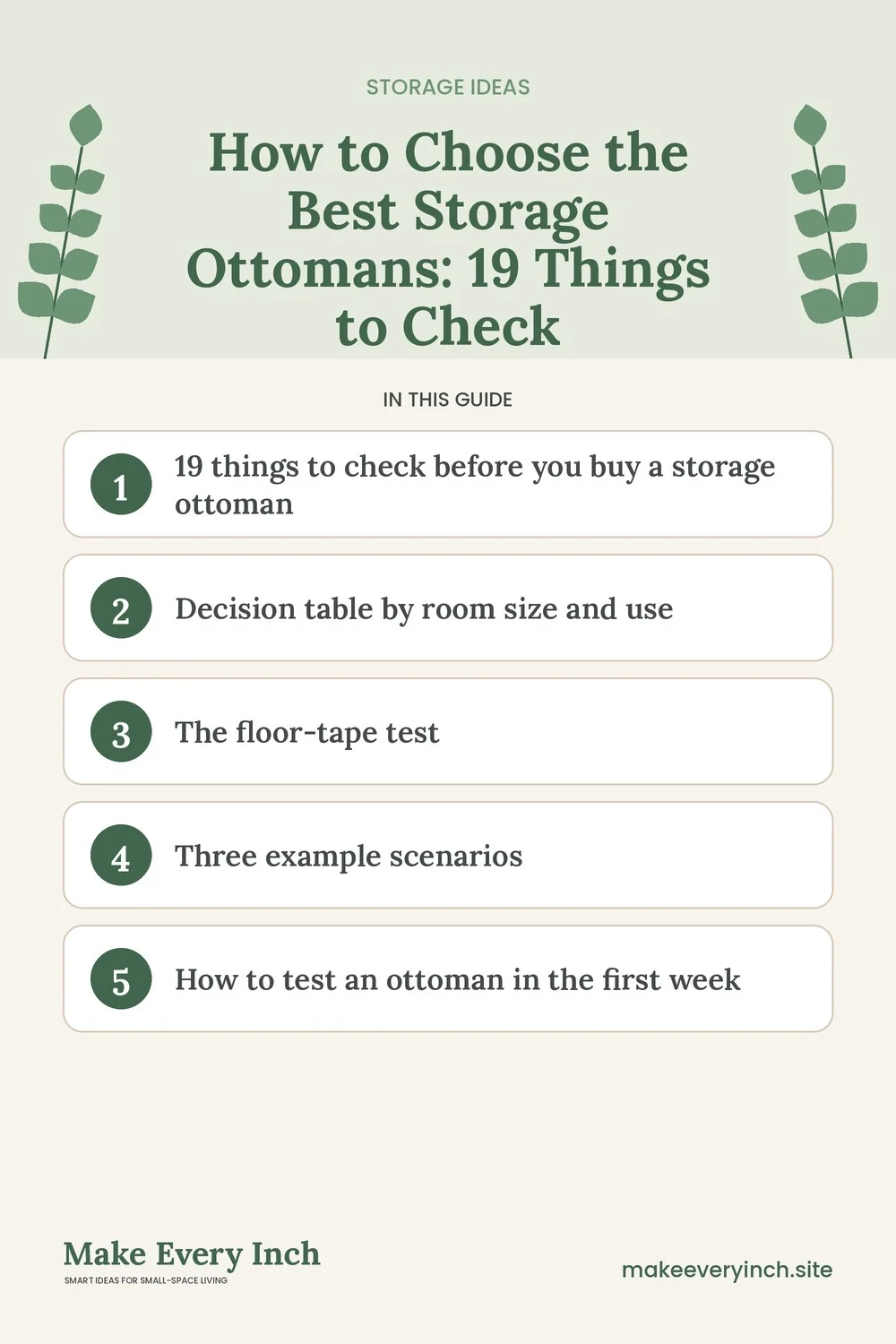 Pinterest pin listing the main topics in: How to Choose the Best Storage Ottomans