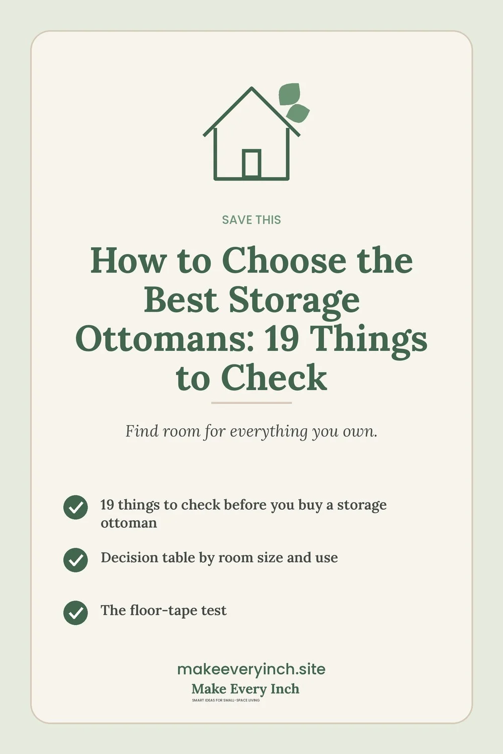 Save-this Pinterest pin with a short checklist for: How to Choose the Best Storage Ottomans