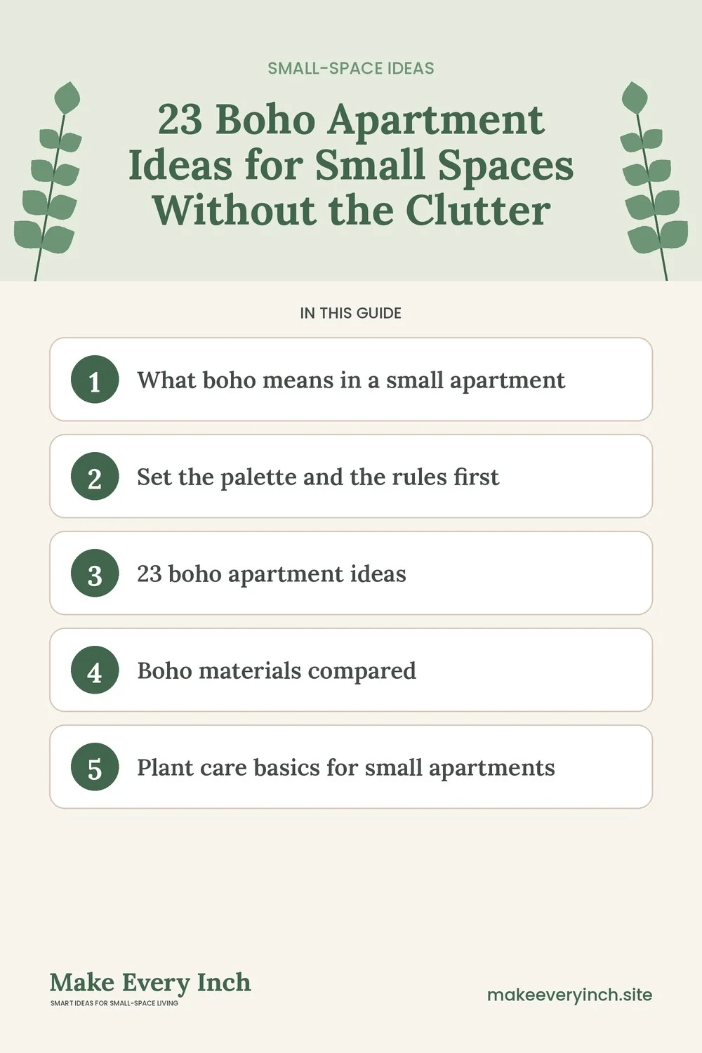 Pinterest pin listing the main topics in: 23 Boho Apartment Ideas for Small Spaces Without the Clutter