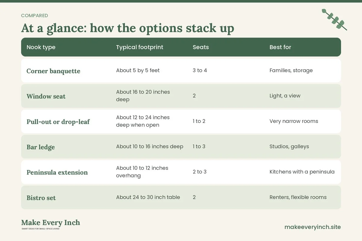 Comparison table of options for: Breakfast Nook Ideas for Small Kitchens (Nook type, Typical footprint, Seats, Best for)