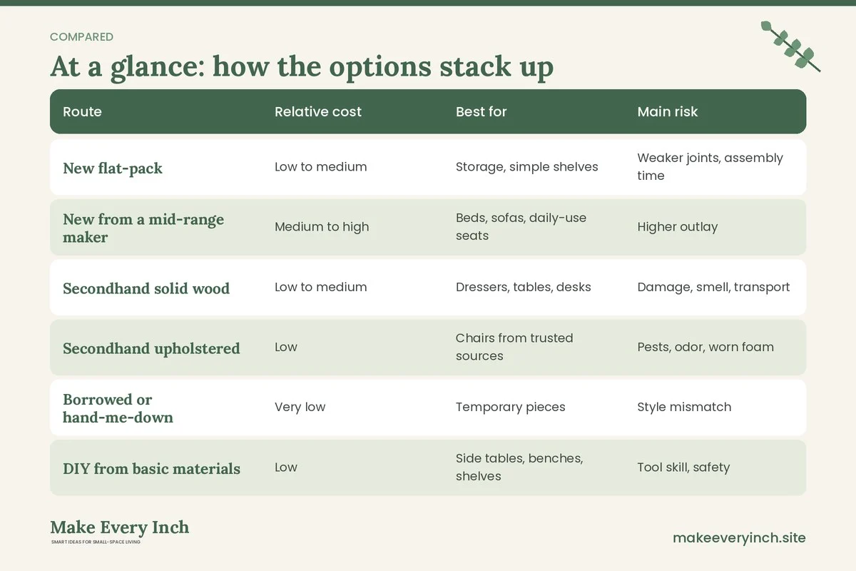 Comparison table of options for: Budget Friendly Furniture Ideas for Small Apartments (Route, Relative cost, Best for, Main risk)