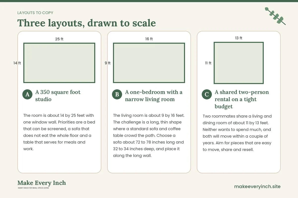 Three room layouts drawn to scale with dimensions and placement notes for: Budget Friendly Furniture Ideas for Small Apartments