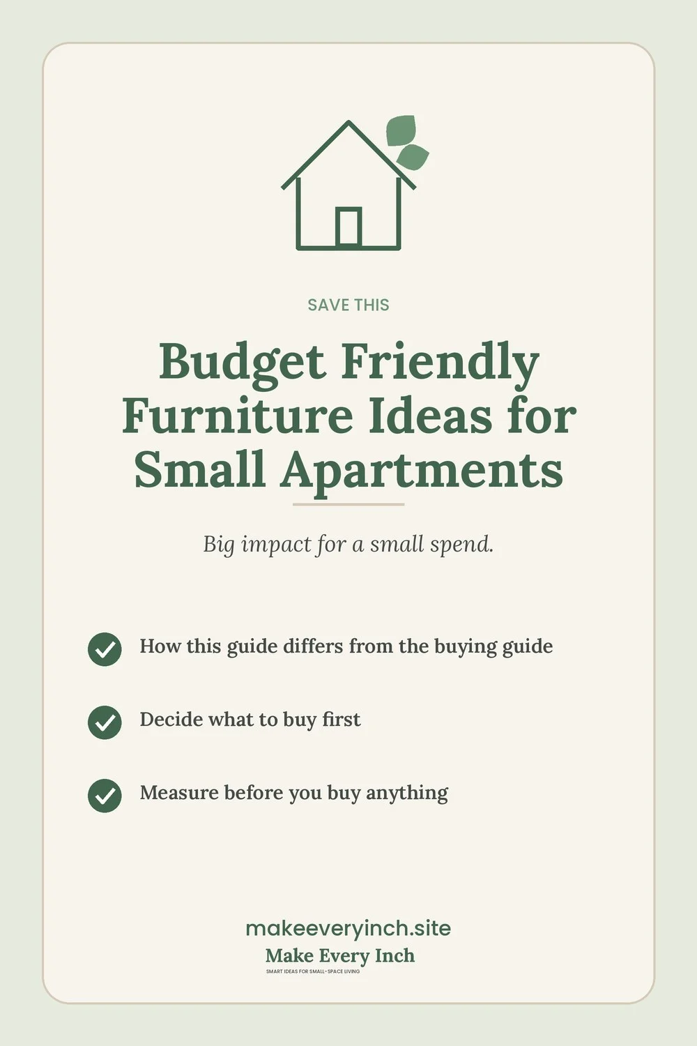 Save-this Pinterest pin with a short checklist for: Budget Friendly Furniture Ideas for Small Apartments
