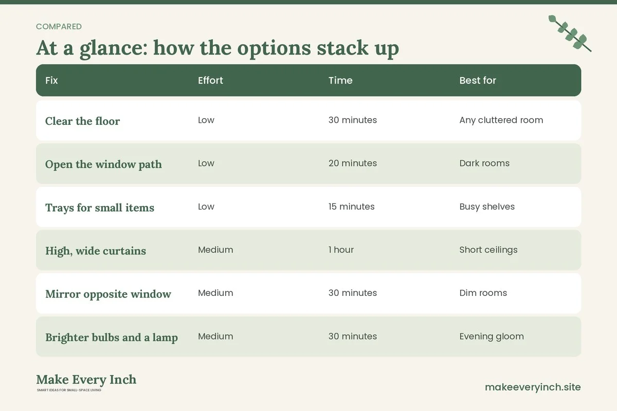 Comparison table of options for: 15 Budget-Friendly Ways to Make a Room Look Bigger (Fix, Effort, Time, Best for)