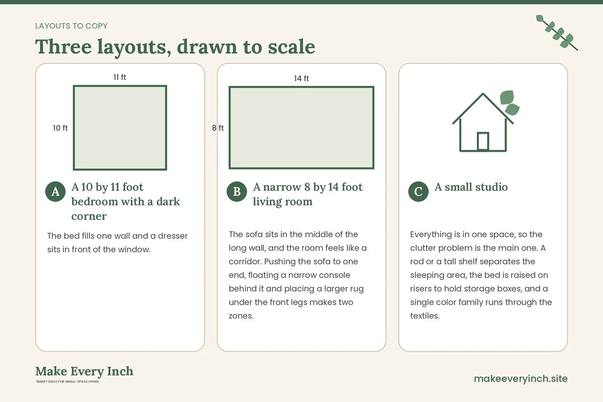 Three room layouts drawn to scale with dimensions and placement notes for: 15 Budget-Friendly Ways to Make a Room Look Bigger