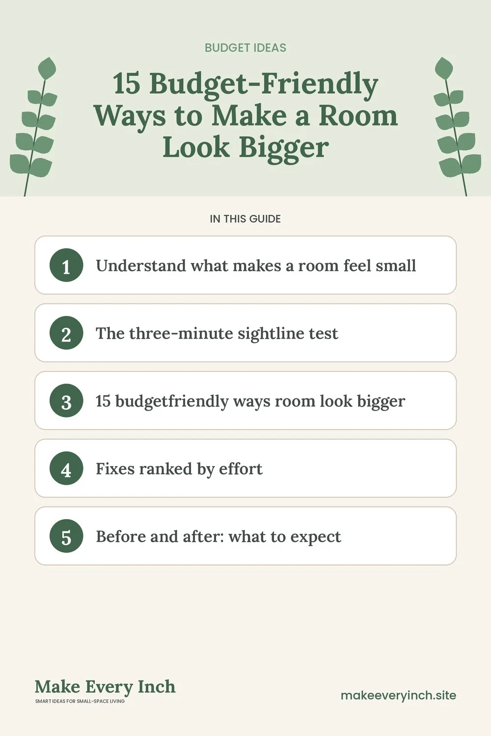 Pinterest pin listing the main topics in: 15 Budget-Friendly Ways to Make a Room Look Bigger
