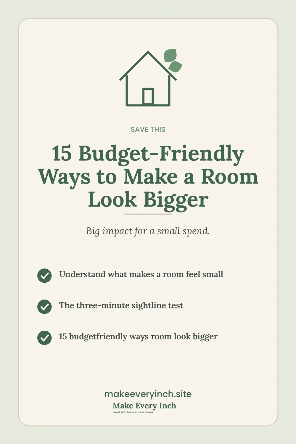 Save-this Pinterest pin with a short checklist for: 15 Budget-Friendly Ways to Make a Room Look Bigger