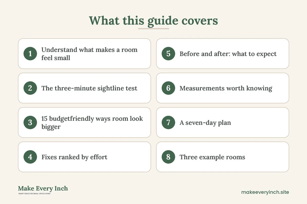 Graphic listing 8 topics covered in: 15 Budget-Friendly Ways to Make a Room Look Bigger