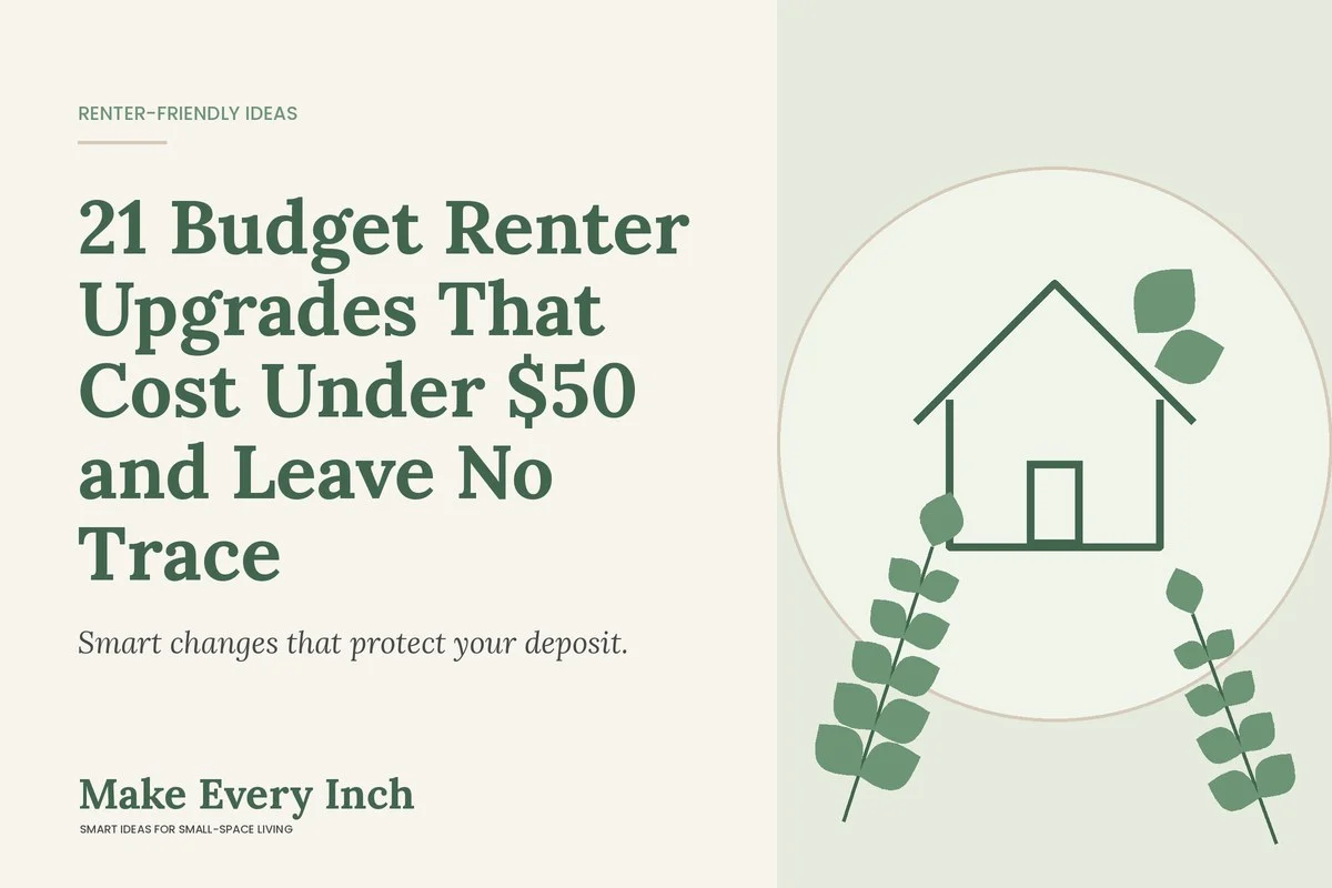 21 Budget Renter Upgrades That Cost Under $50 and Leave No Trace, Make Every Inch cover with a house and leaf illustration