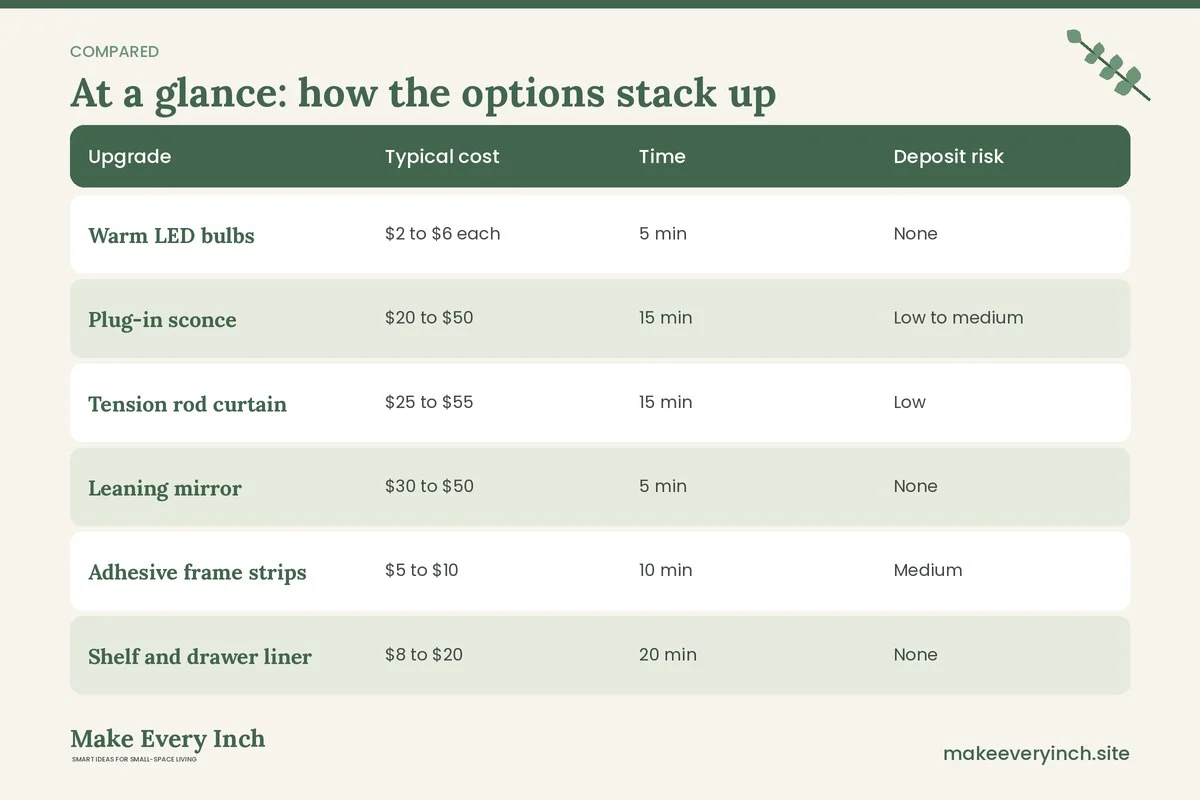 Comparison table of options for: 21 Budget Renter Upgrades That Cost Under $50 and Leave No Trace (Upgrade, Typical cost, Time, Deposit risk)