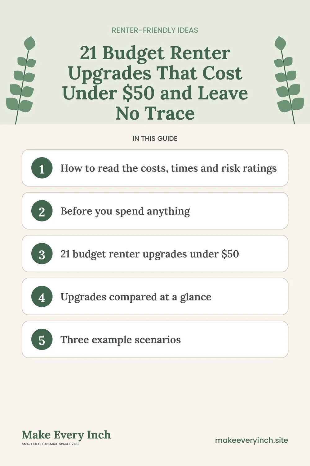 Pinterest pin listing the main topics in: 21 Budget Renter Upgrades That Cost Under $50 and Leave No Trace