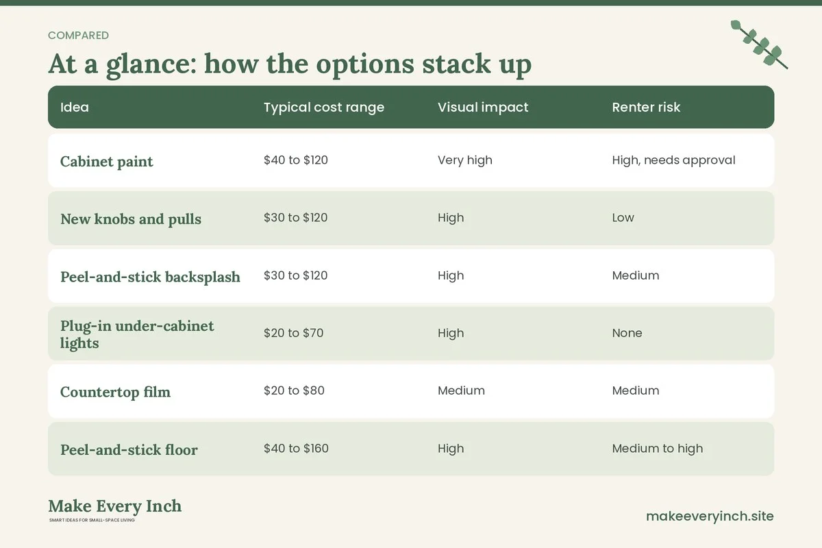 Comparison table of options for: 21 Budget Small Kitchen Makeover Ideas Under $300 and Under $1,000 (Idea, Typical cost range, Visual impact, Renter risk)