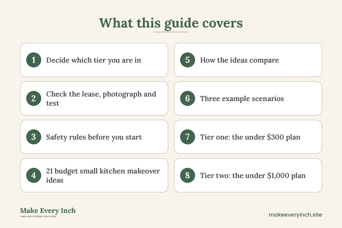 Graphic listing 8 topics covered in: 21 Budget Small Kitchen Makeover Ideas Under $300 and Under $1,000