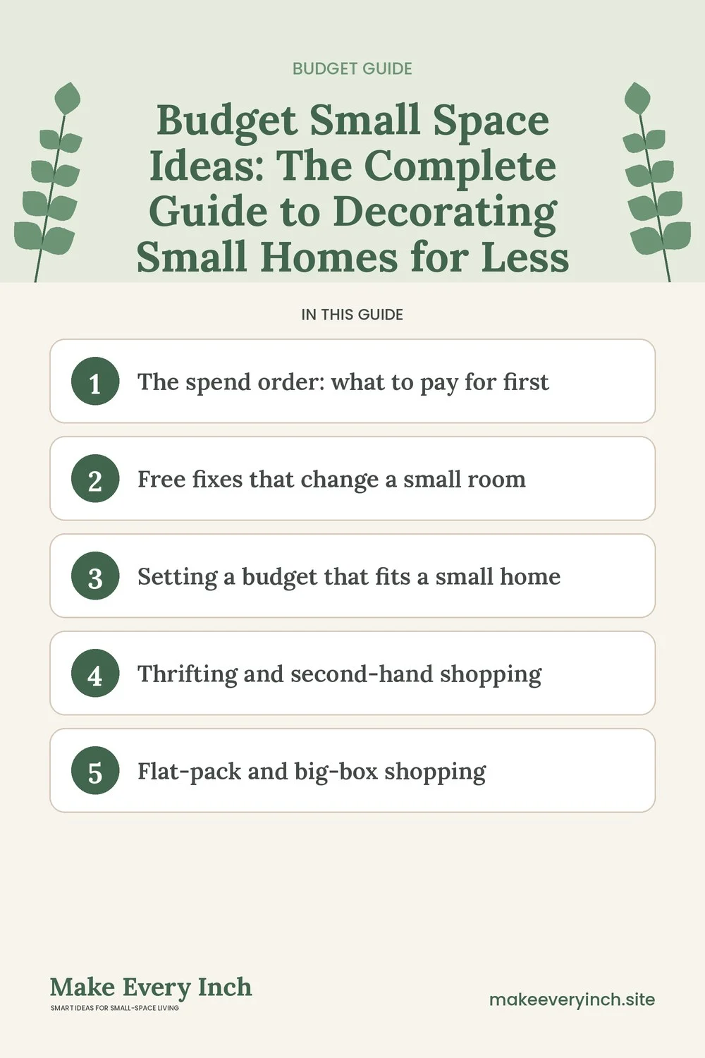 Pinterest pin listing the main topics in the budget small space ideas guide