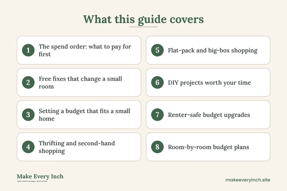 Graphic listing 8 topics covered in the budget small space ideas guide