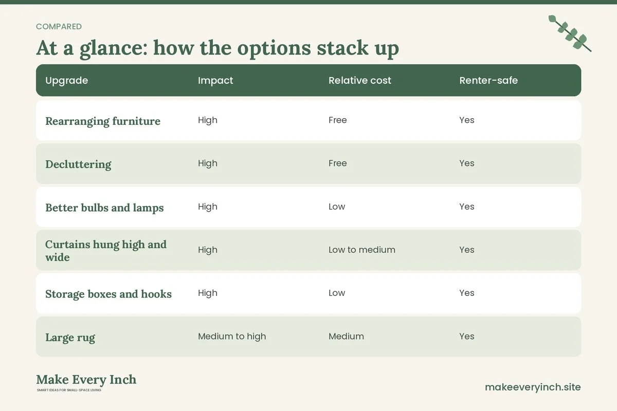 Comparison table of options for: Budget Small Space Ideas (Upgrade, Impact, Relative cost, Renter-safe)
