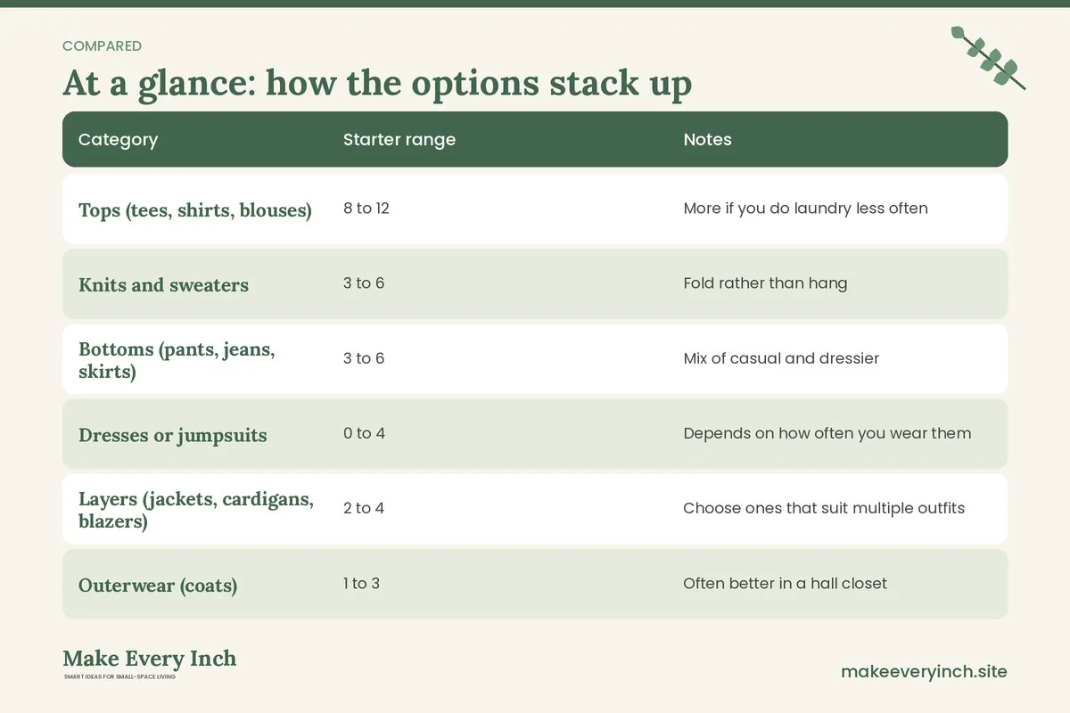 Comparison table of options for: Capsule Wardrobe Storage for Small Closets (Category, Starter range, Notes)