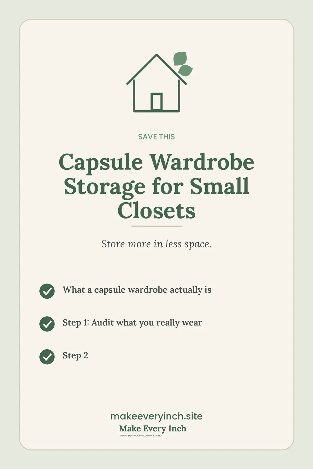 Save-this Pinterest pin with a short checklist for: Capsule Wardrobe Storage for Small Closets