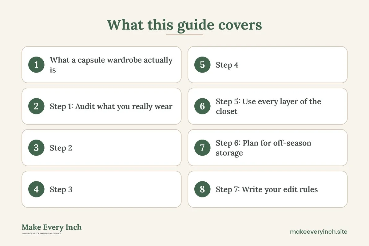 Graphic listing 8 topics covered in: Capsule Wardrobe Storage for Small Closets