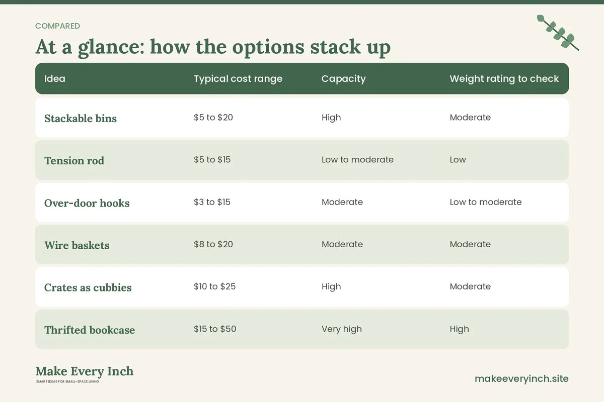 Comparison table of options for: 23 Cheap Storage Ideas for Apartments Under $25 Each (Idea, Typical cost range, Capacity, Weight rating to check)
