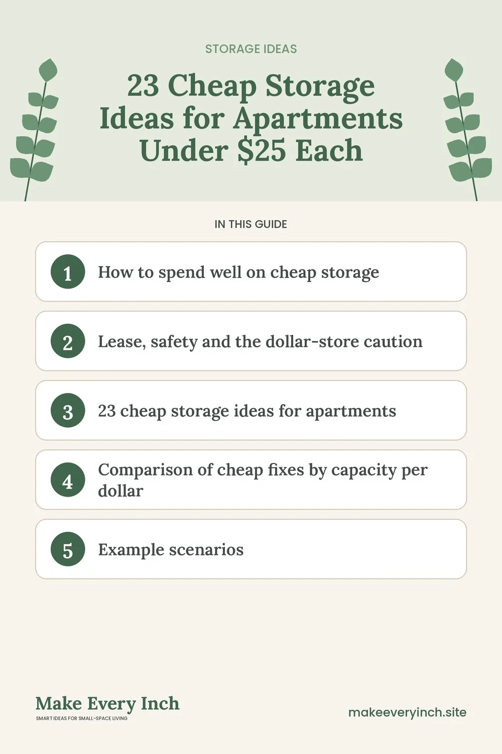 Pinterest pin listing the main topics in: 23 Cheap Storage Ideas for Apartments Under $25 Each