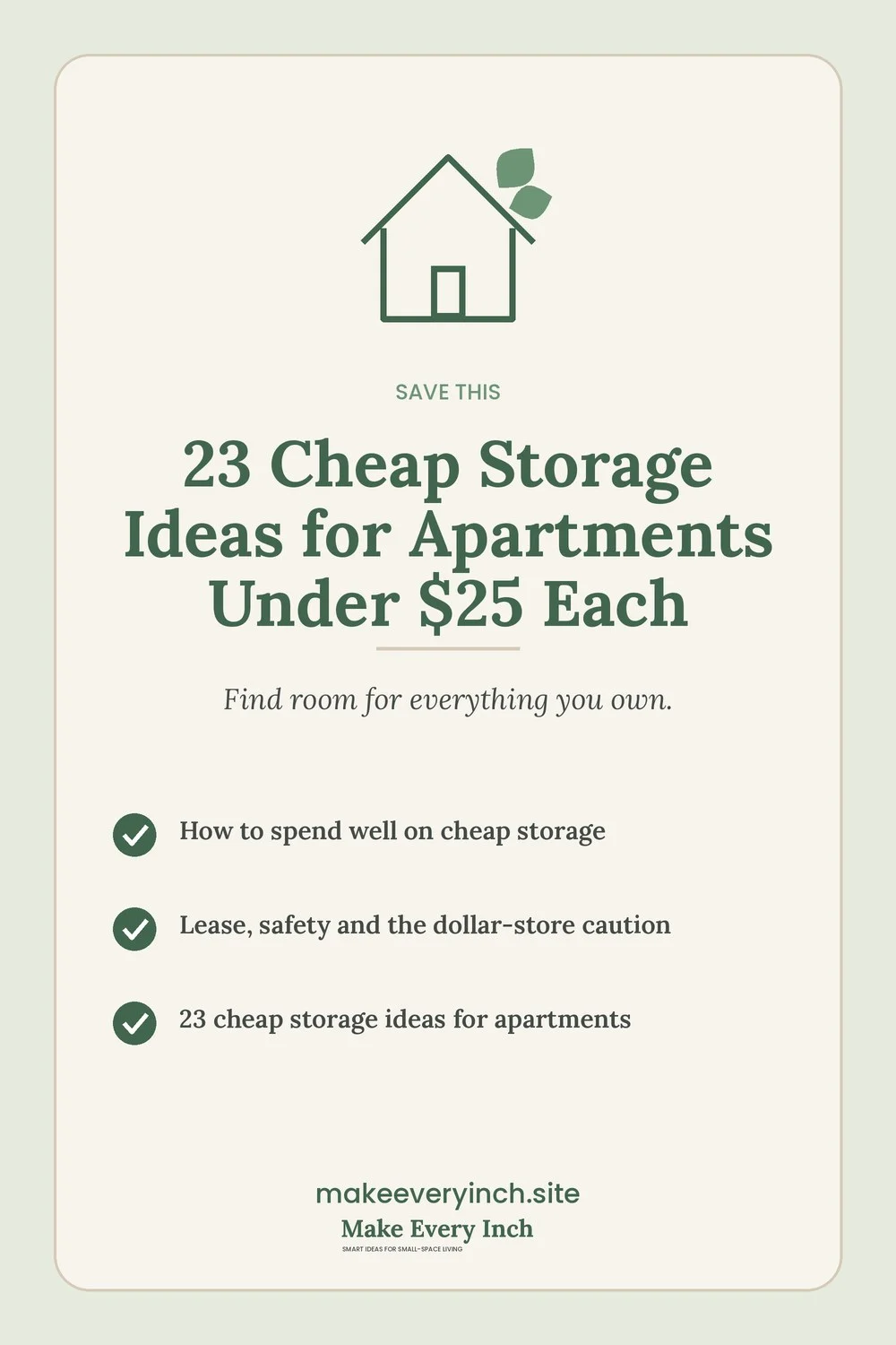 Save-this Pinterest pin with a short checklist for: 23 Cheap Storage Ideas for Apartments Under $25 Each