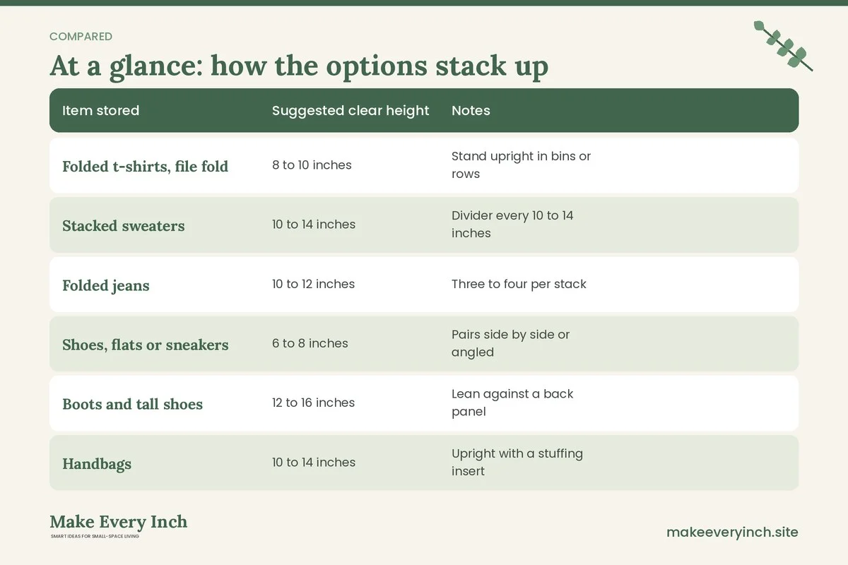 Comparison table of options for: Closet Shelf Organization Ideas (Item stored, Suggested clear height, Notes, )
