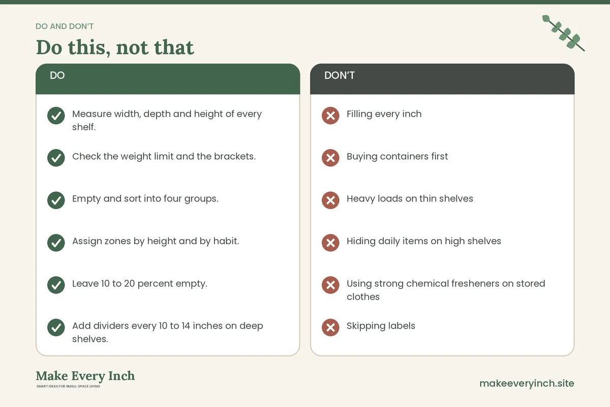 Do and don't checklist for: Closet Shelf Organization Ideas