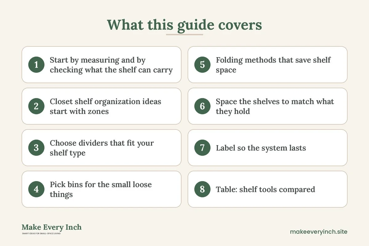Graphic listing 8 topics covered in: Closet Shelf Organization Ideas