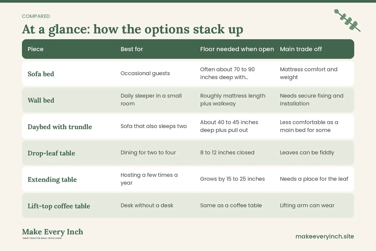Comparison table of options for: Convertible Furniture Ideas for Studio Apartments (Piece, Best for, Floor needed when open, Main trade off)